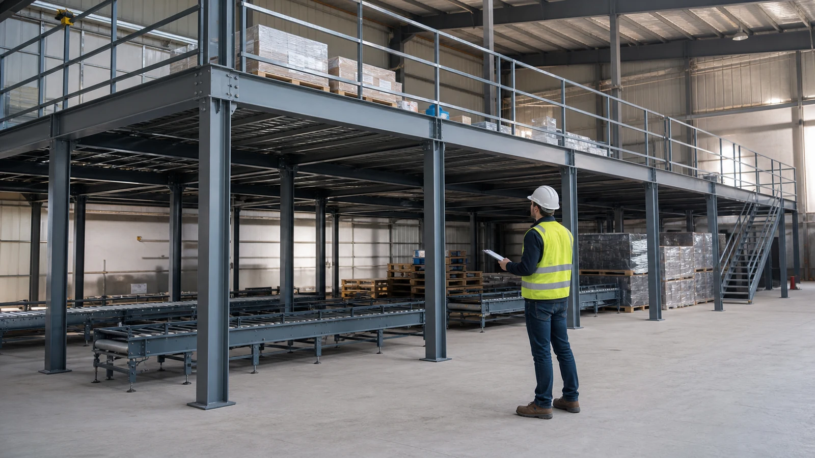 Engineer checks pallet and conveyor load zones on an industrial steel mezzanine