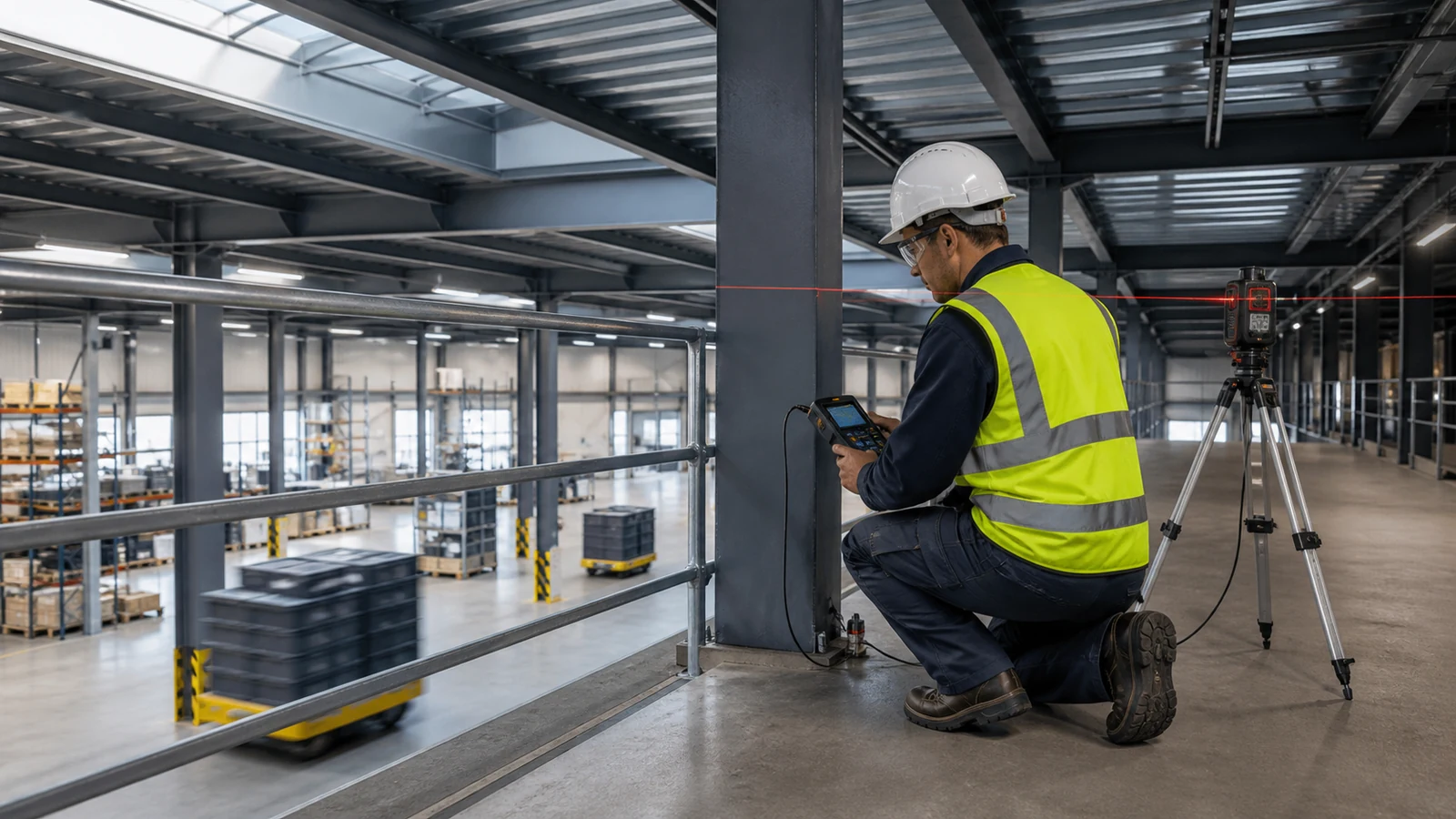 Engineer measures floor level beside operating carts on a warehouse mezzanine