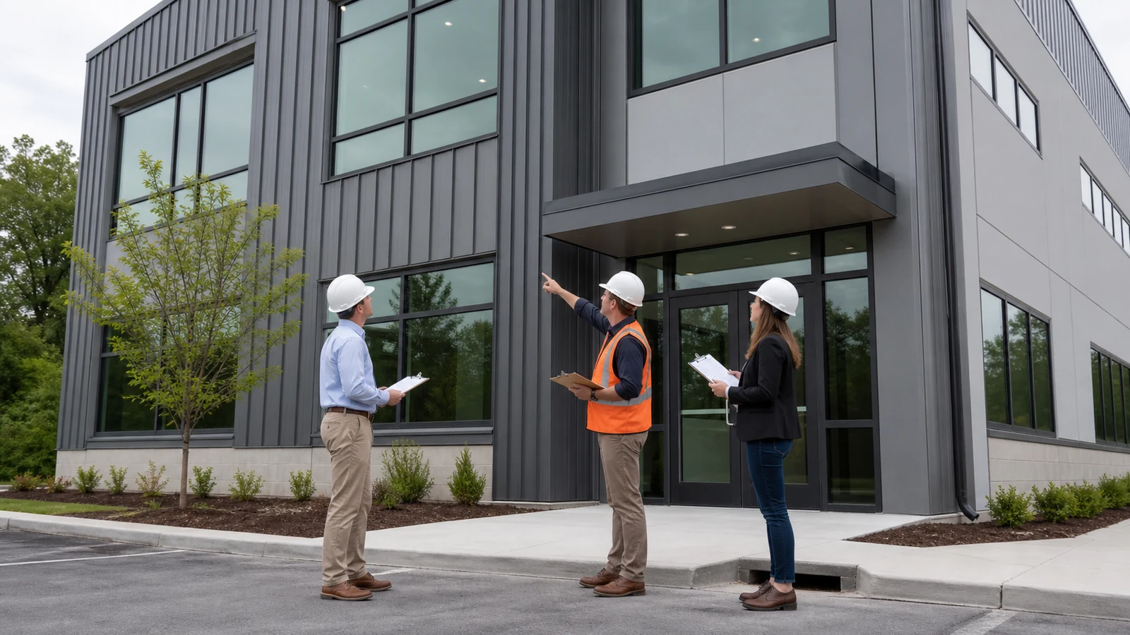Owner and supplier team review a completed prefabricated steel office building