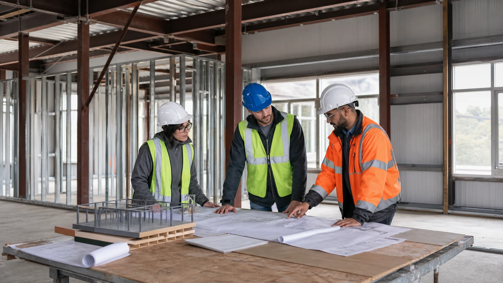 Engineers review classroom acoustic zones beside a steel school structural model.