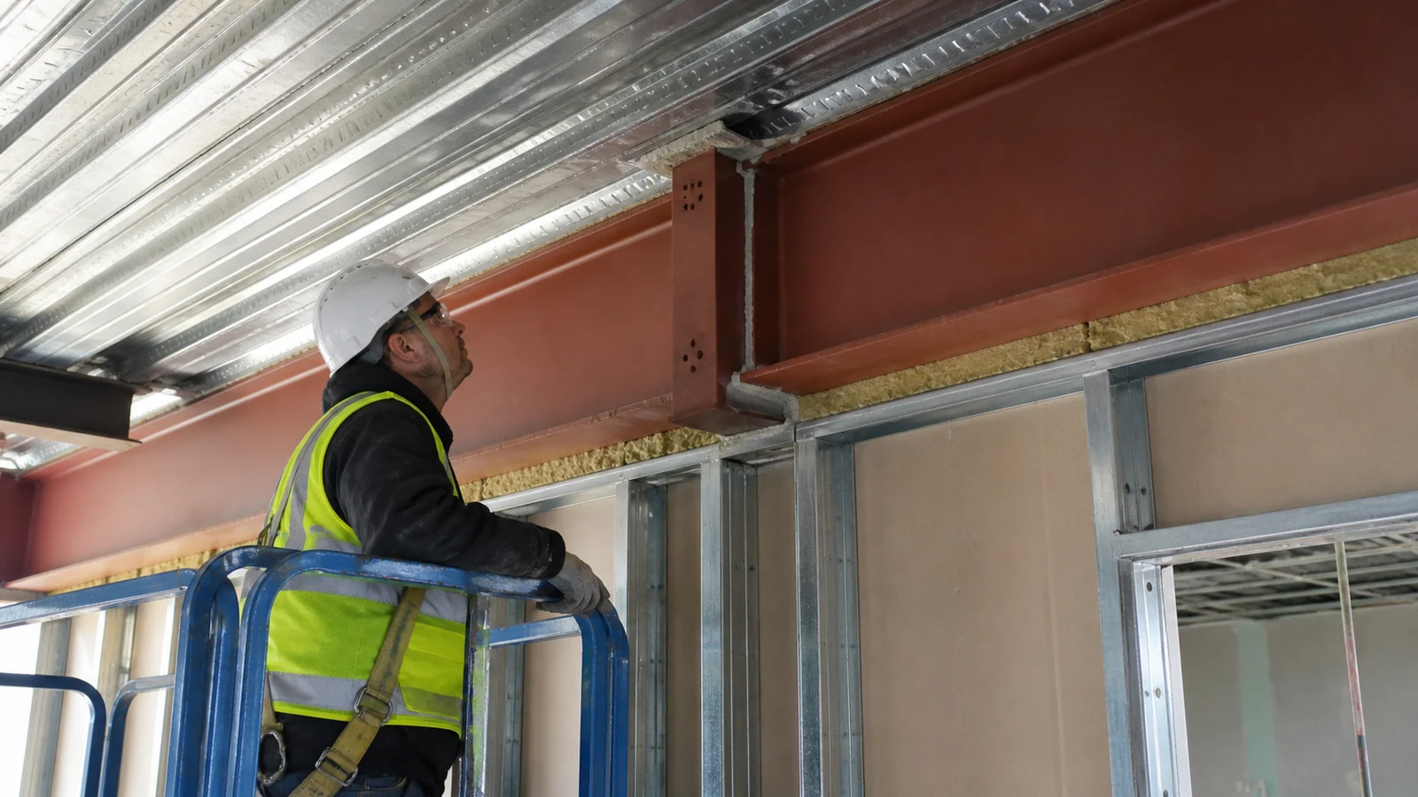 Steel beam and classroom partition head interface prepared for acoustic detailing.