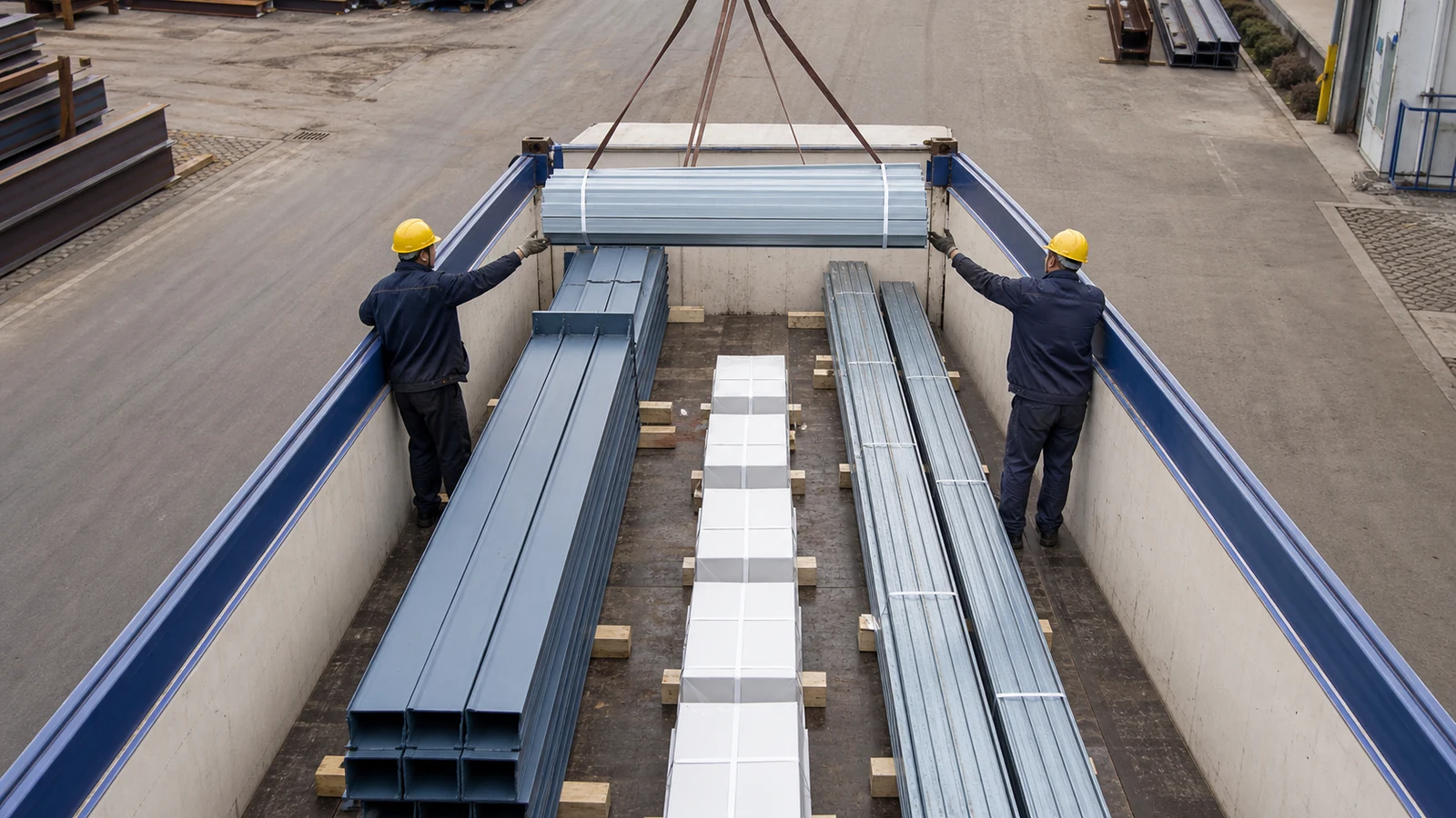 Workers guide bundled warehouse steel into an open-top container using safe lifting slings