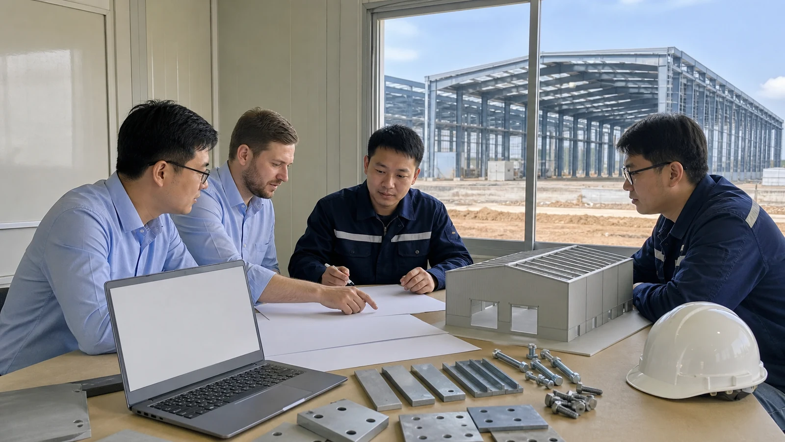 Buyer and engineers complete a warehouse RFQ review beside a portal-frame project site