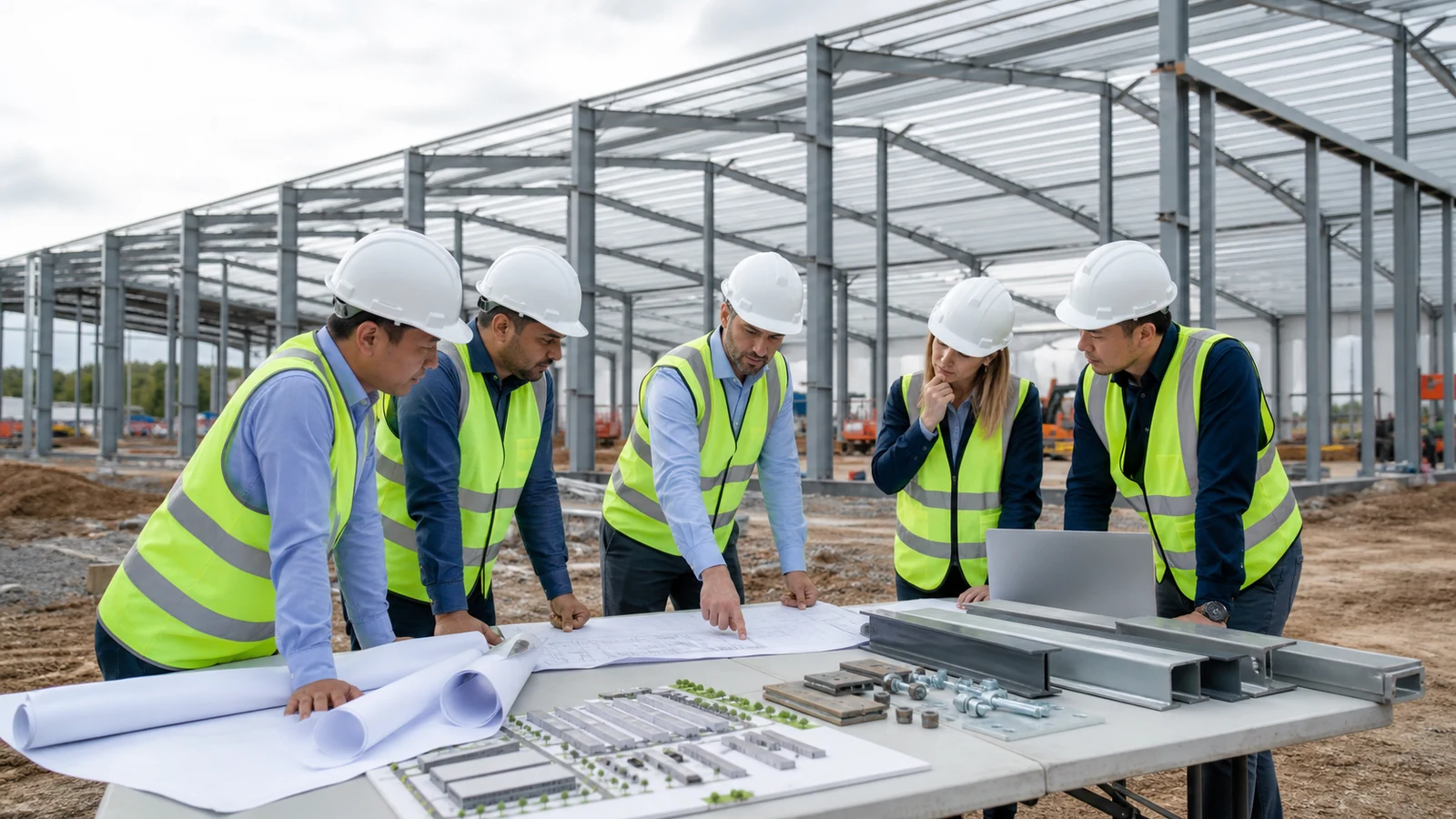 Overseas project team reviews warehouse RFQ scope beside a portal steel frame under construction