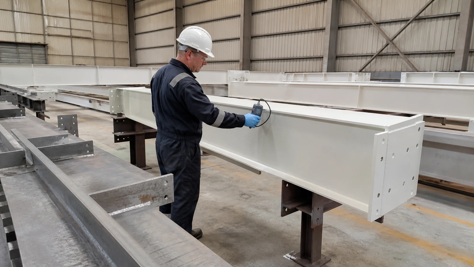 Coating inspector checks a painted workshop beam during surface-protection quality control.
