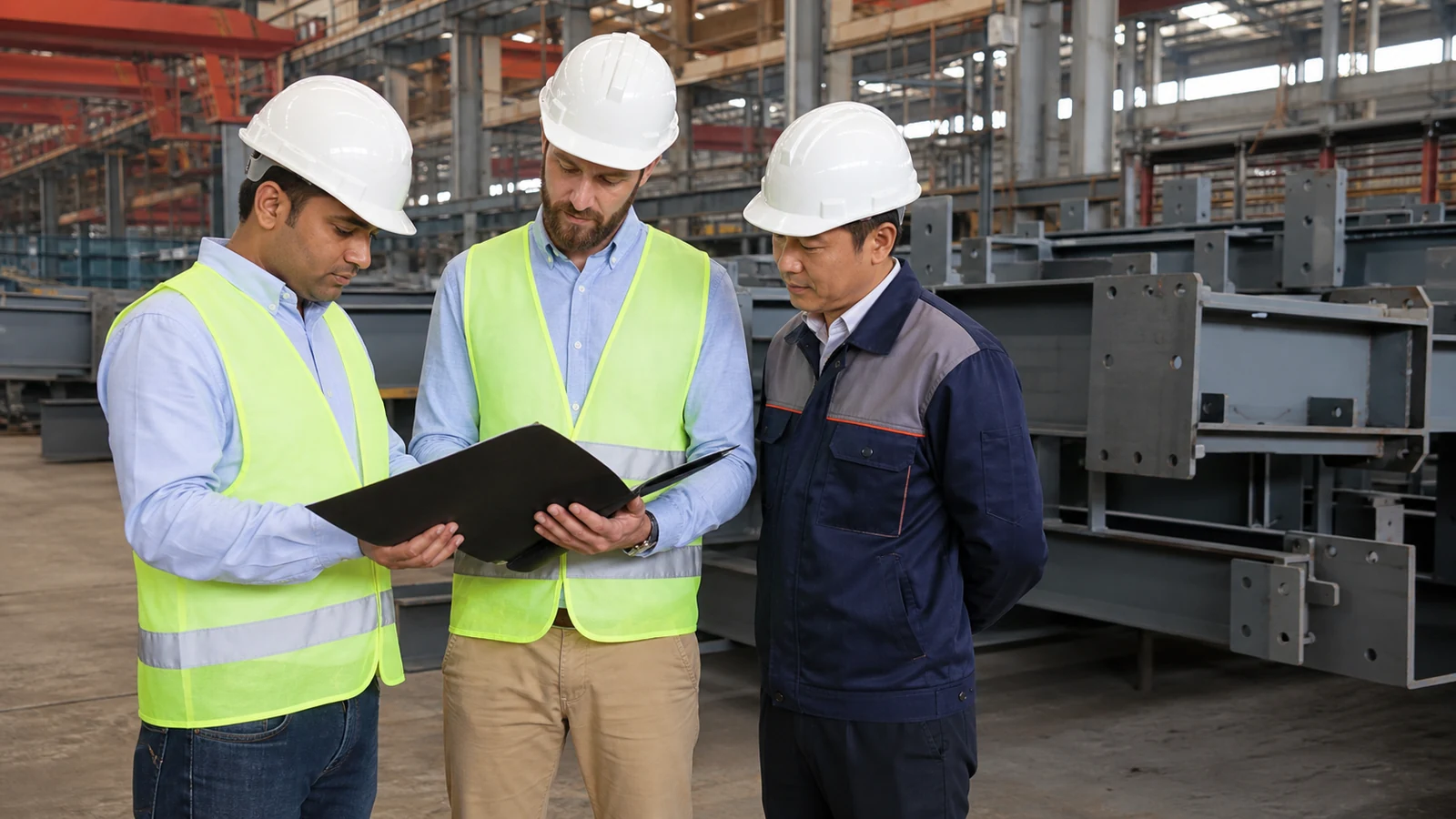 Buyer, engineer, and factory representative review evidence before workshop components are released.