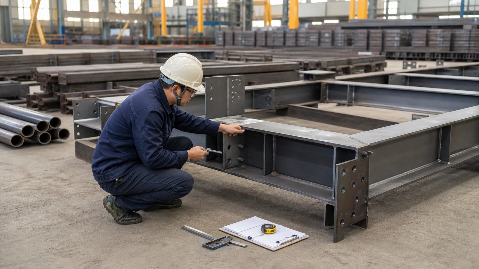 Inspector checks the dimensions and fit of a fabricated steel workshop frame assembly.