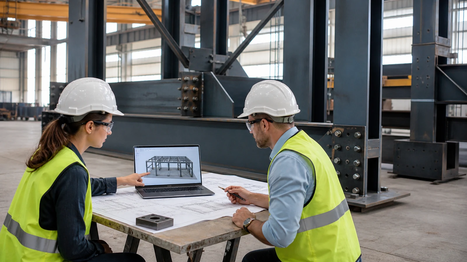 Structural engineers coordinate the workshop analysis model, steel connections, bracing, and design responsibility.