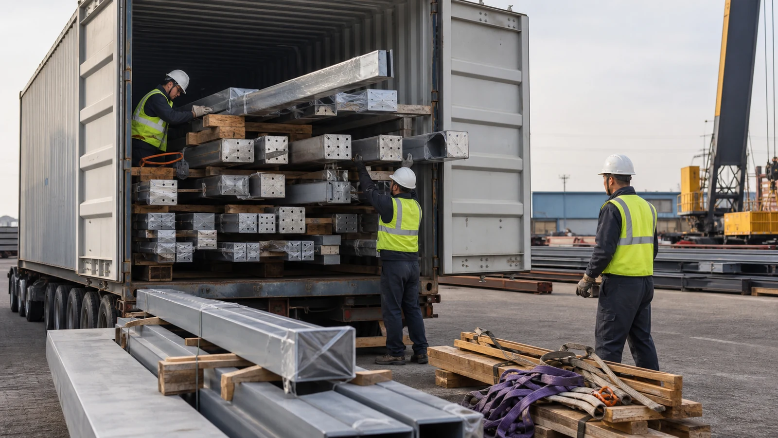 Steel workshop members are safely packed with dunnage and edge protection for container delivery.