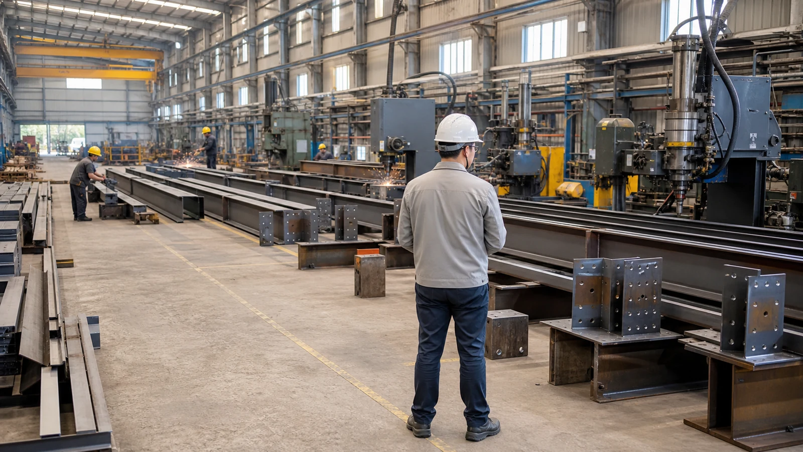 Factory auditor reviews steel cutting, drilling, welding, and work-in-progress during a capacity check.