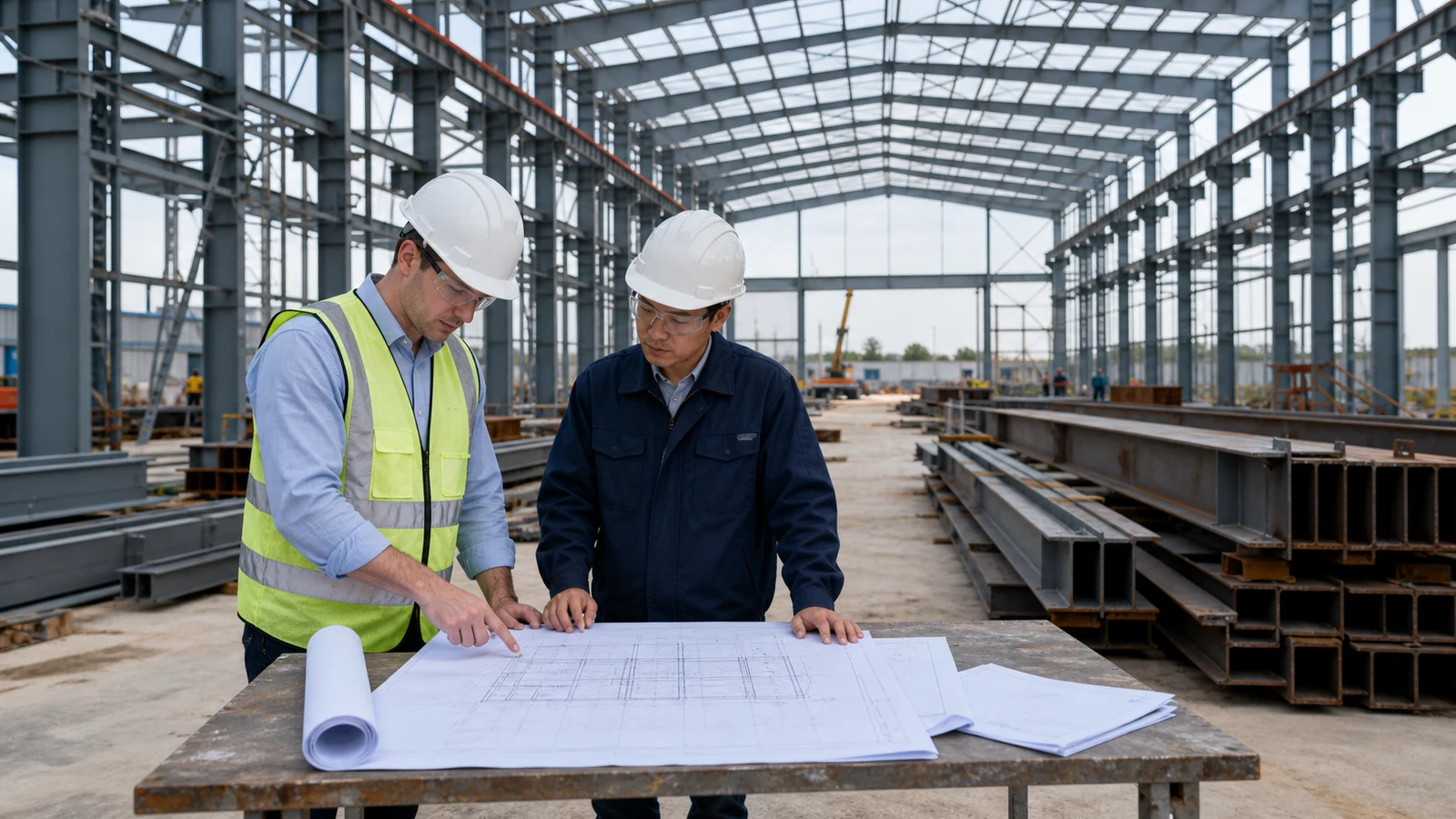 Engineers review workshop dimensions, crane data, loads, and steel framing interfaces before supplier selection.