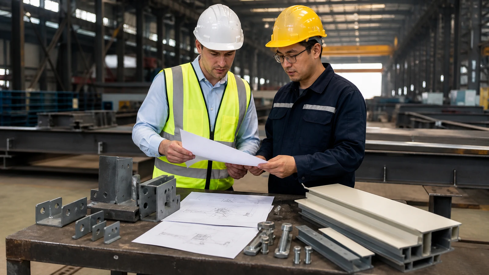 Buyer and factory engineer compare workshop components and commercial scope inside a steel fabrication plant.