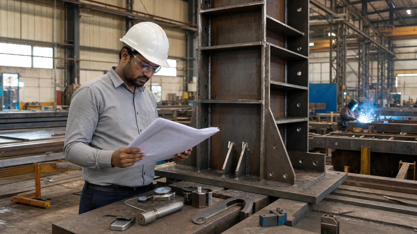 Quality engineer reviews welding records beside a fabricated workshop column and inspection equipment.