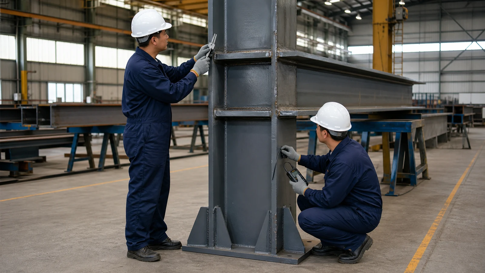 Inspectors check weld geometry and coating thickness on a fabricated warehouse column