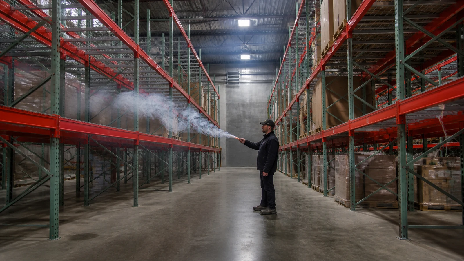 Technician checks an operating warehouse aisle during airflow commissioning.