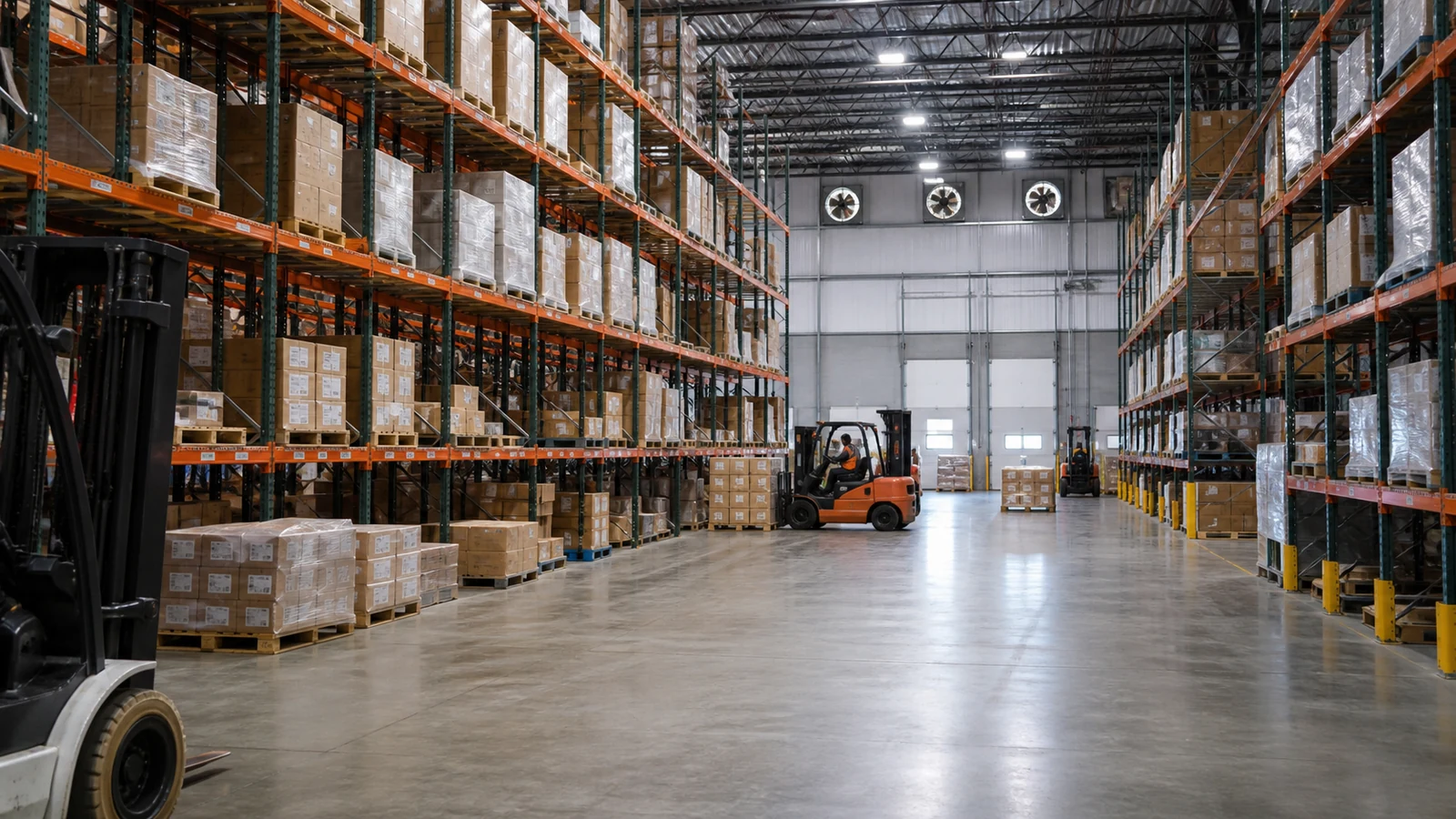Operating warehouse interior with pallet racks, clear aisles, and high-level circulation fans.