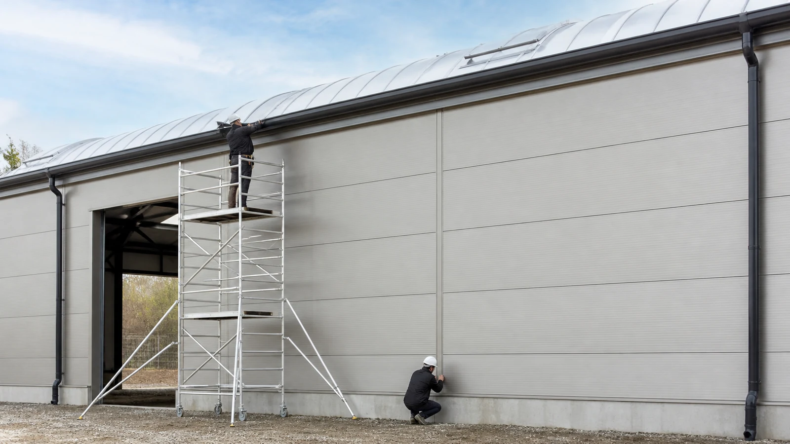 Workers install insulated warehouse wall panels and gutters from a guarded scaffold tower