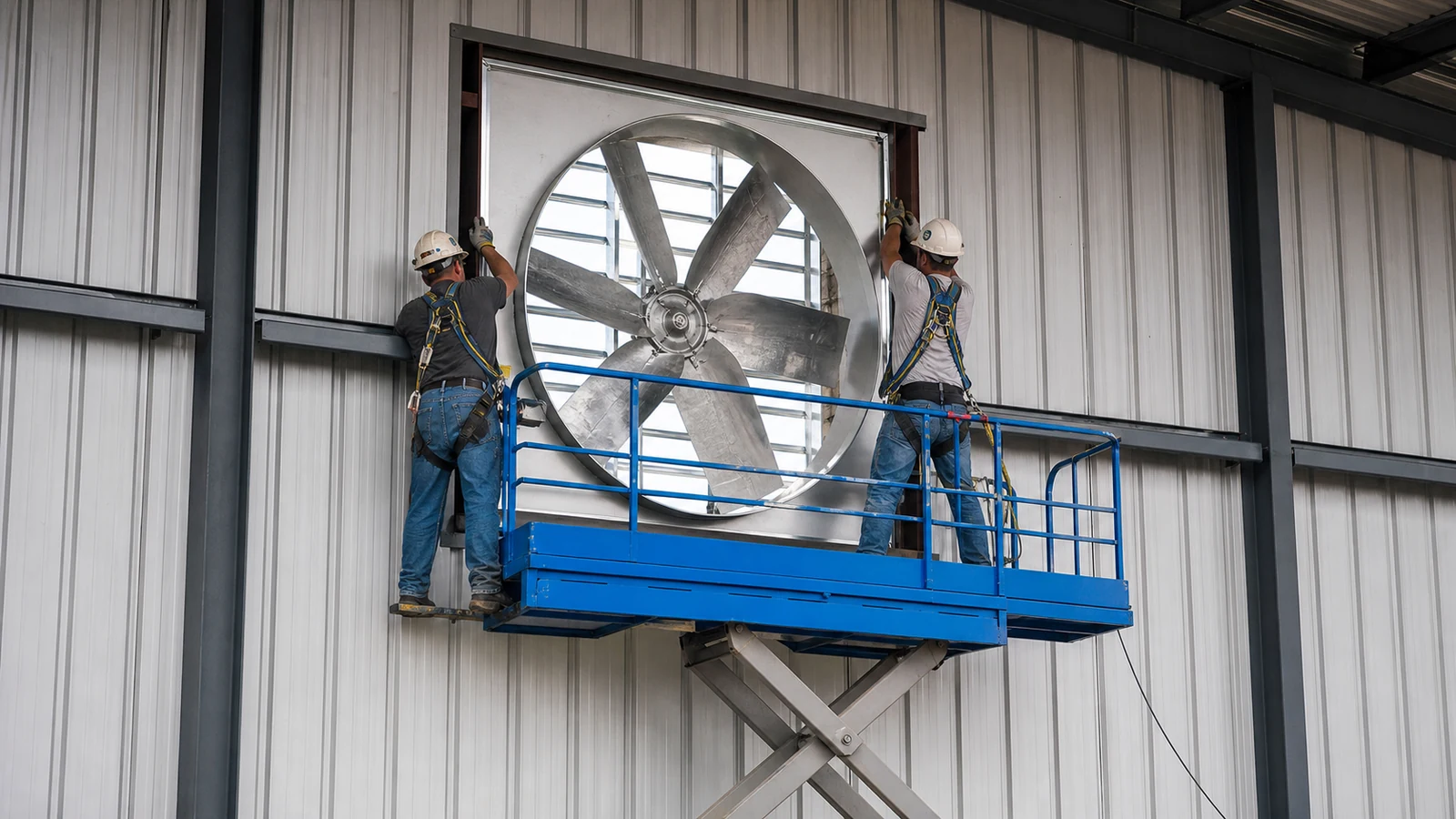Crew installs an industrial exhaust fan in a framed steel warehouse wall opening.