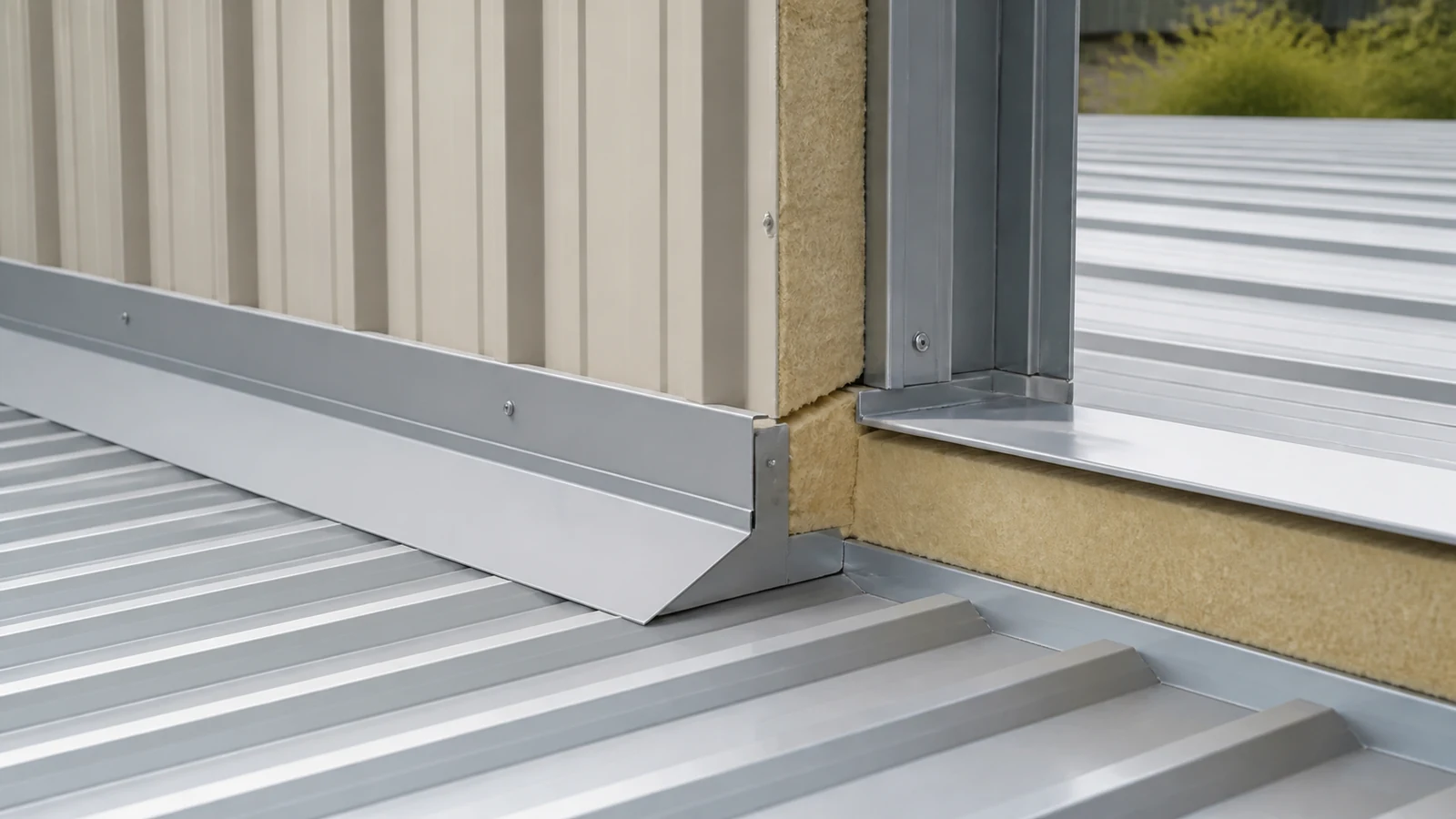 Insulated metal roof and wall junction with sealed flashing and continuous insulation.