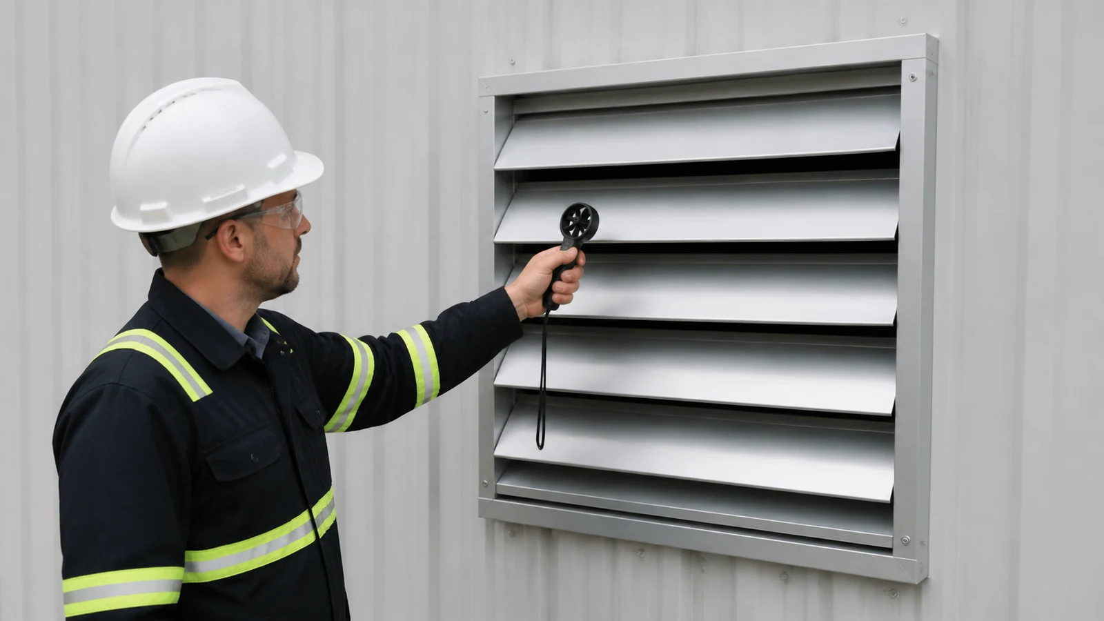 Technician measures airflow at an installed warehouse wall louver with an anemometer.