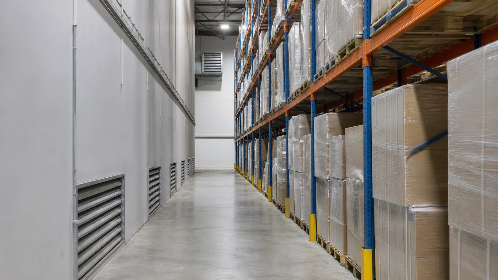 Low-level warehouse air louvers serve a clear aisle beneath the high-level exhaust path.
