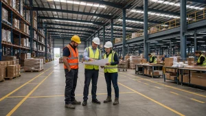 Warehouse team reviews packing lanes and mezzanine column positions inside a steel warehouse