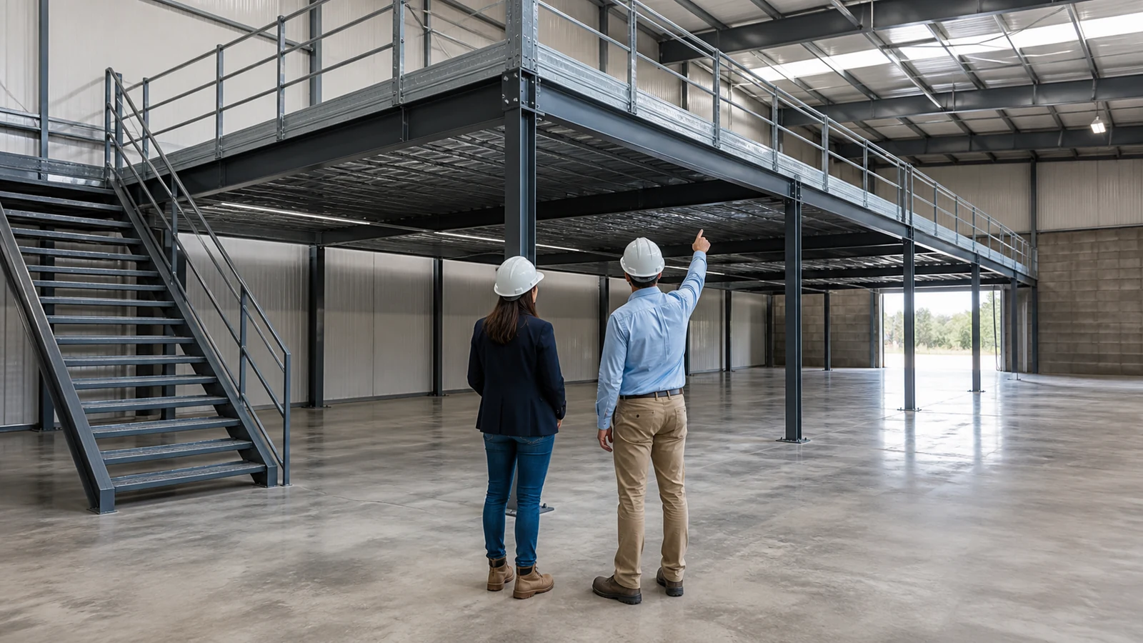 Buyer and engineer inspect a completed steel mezzanine before preparing an RFQ