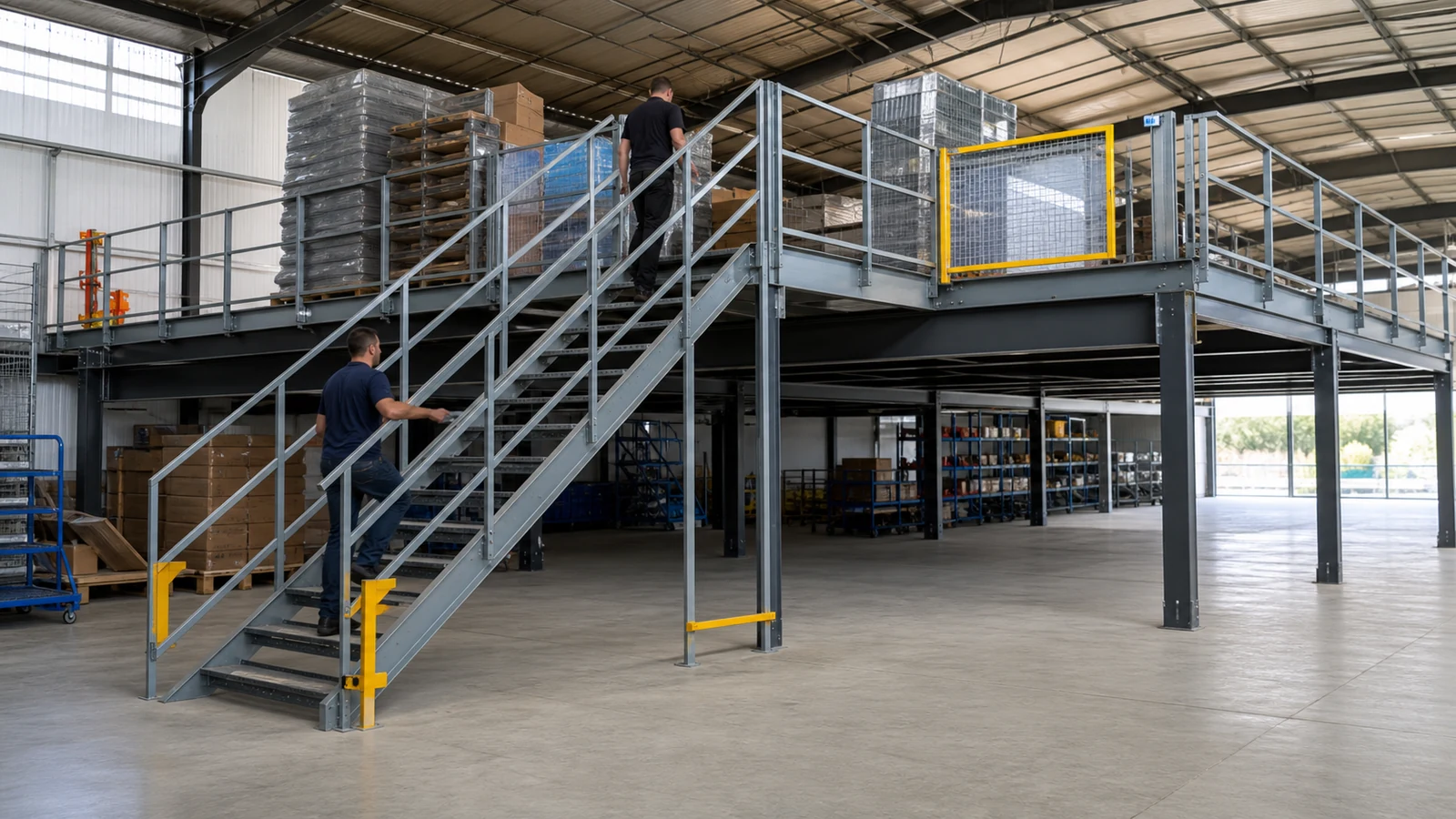 Industrial mezzanine stair, landing, guardrails, and protected pallet transfer gate