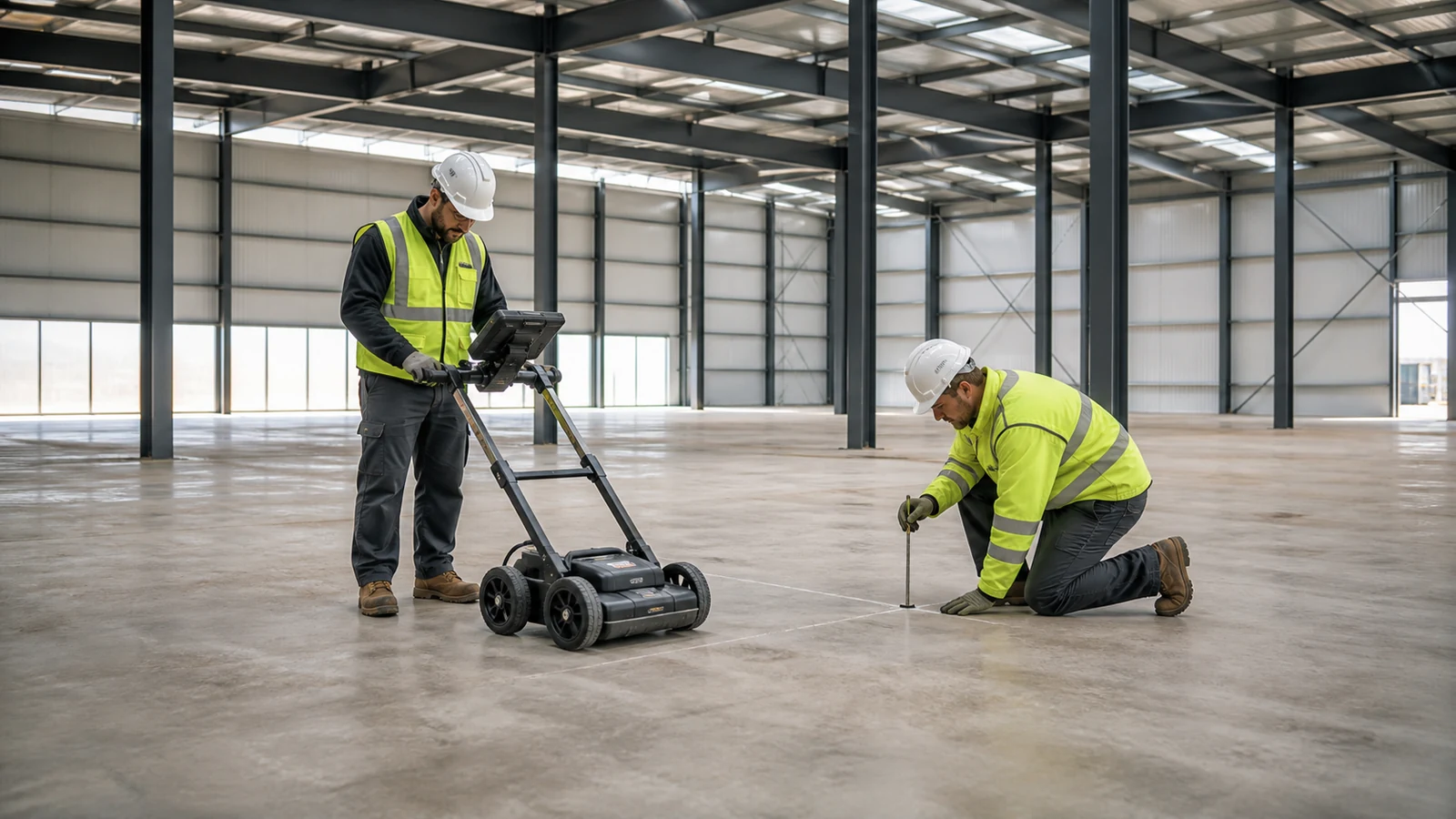 Technicians scan a warehouse slab before locating steel mezzanine column bases