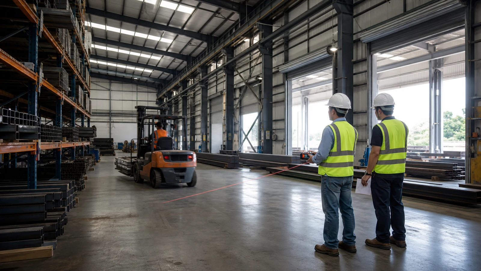 Engineers check forklift aisles, storage racks, and door clear zones inside a steel warehouse