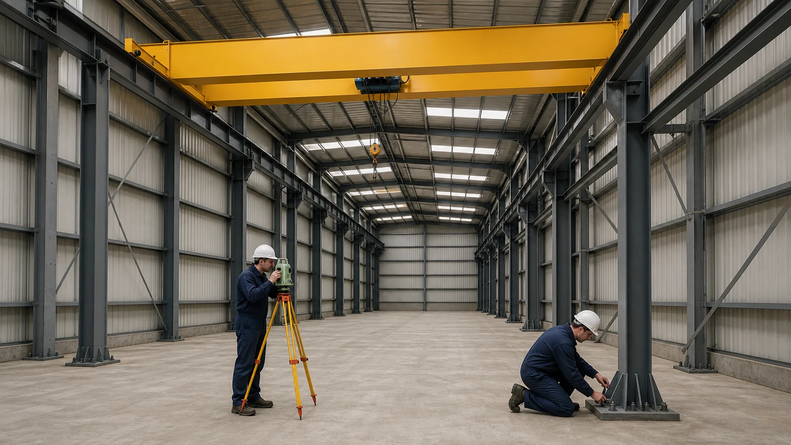 Engineers survey an overhead crane runway and column base inside a steel warehouse