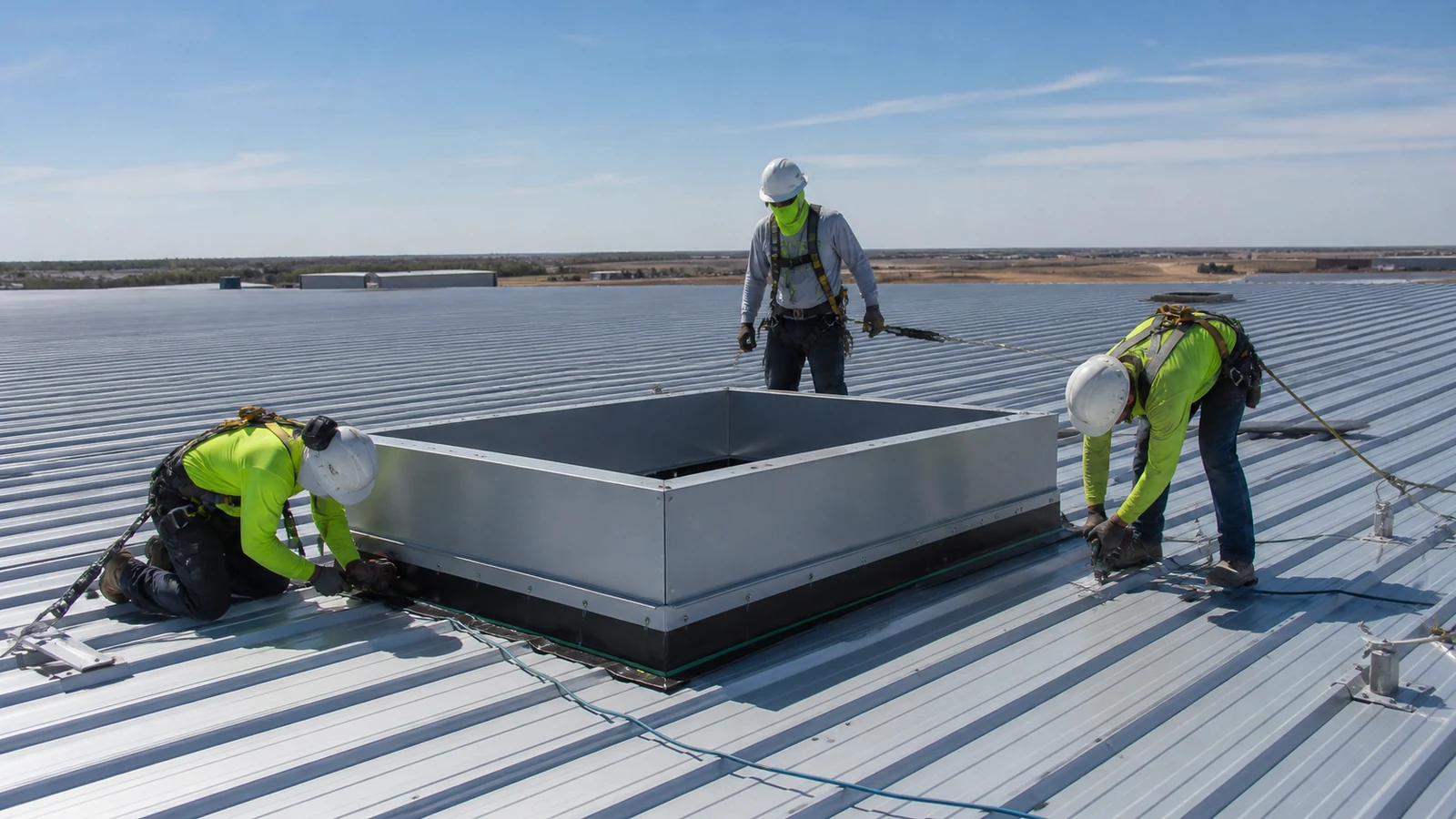 Roof crew installs a weatherproof ventilator curb on a steel warehouse with fall protection.