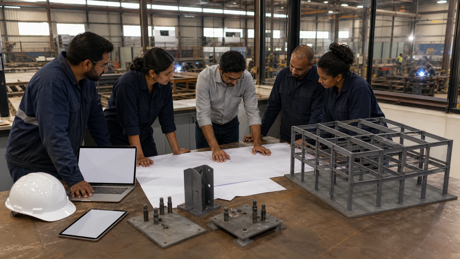 Fabrication engineers review warehouse shop drawings, connection samples, and a steel frame model