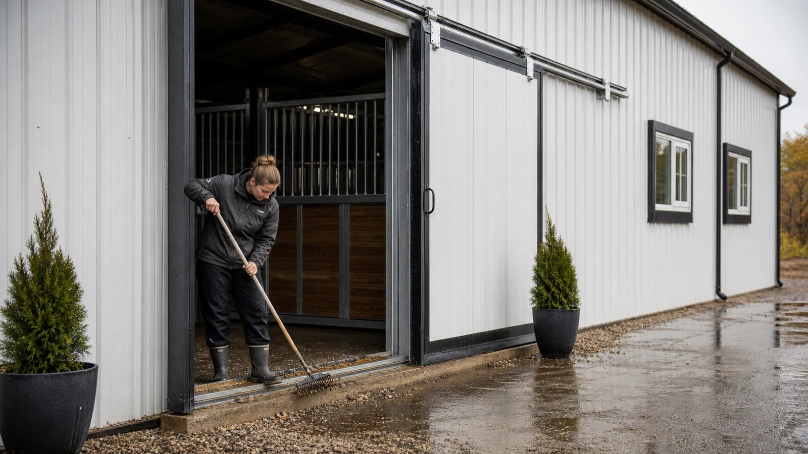 Staff cleans a drained horse barn threshold and protected exterior door track