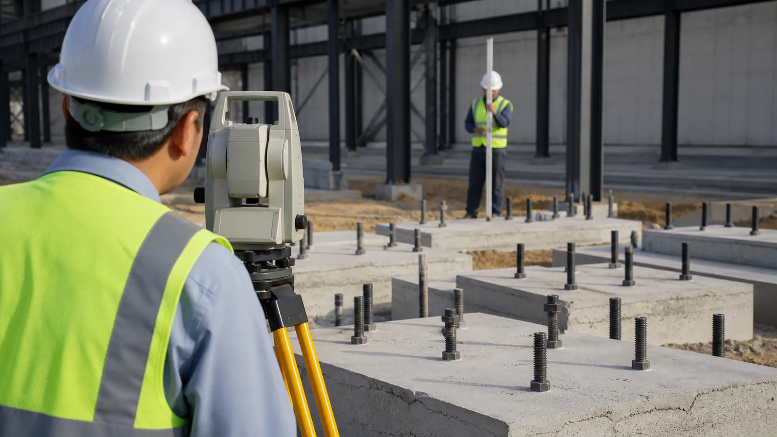 Surveyor checks workshop anchor-bolt positions and elevations on prepared concrete foundations.