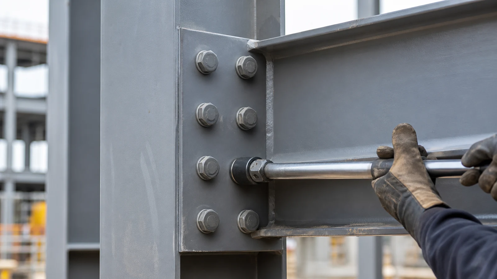 Close view of an aligned steel workshop beam-to-column bolted connection during installation.