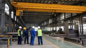 Manufacturing team reviews lifting routes beneath an overhead crane in a steel workshop