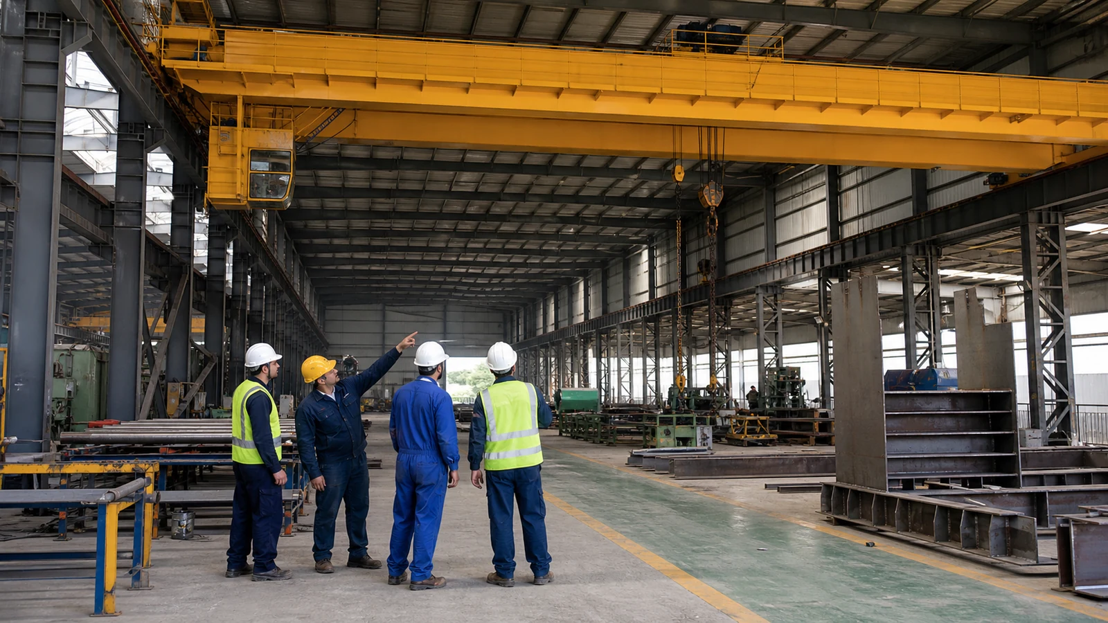 Manufacturing team reviews lifting routes beneath an overhead crane in a steel workshop
