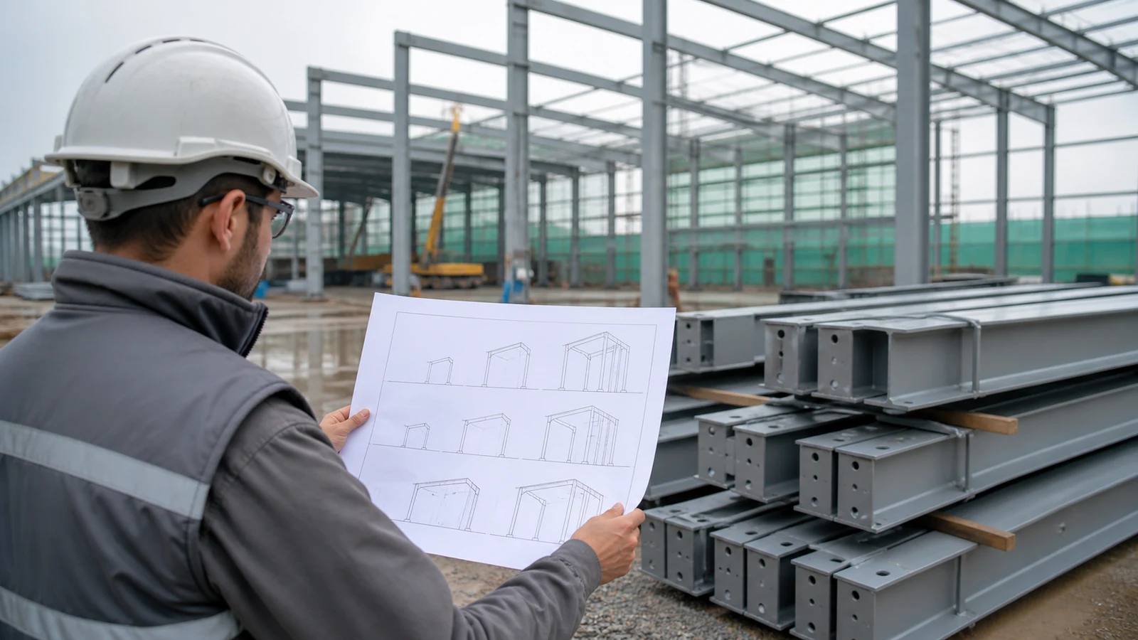Site engineer reviews erection sequence drawings beside organized steel workshop members.