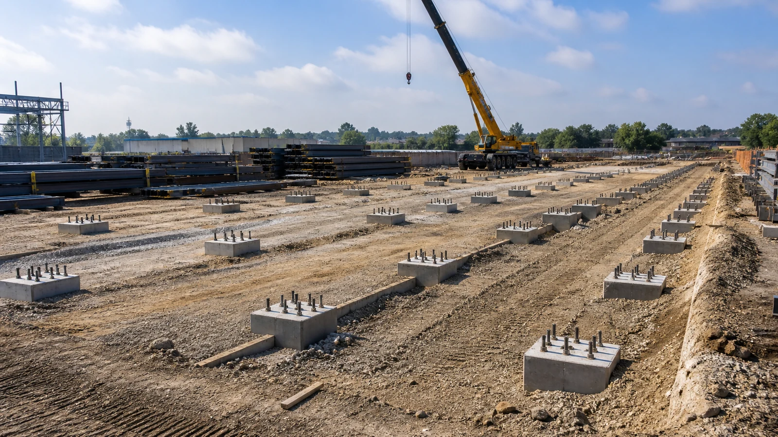 Prepared workshop site with surveyed foundations, anchor bolts, crane access, and steel laydown area.