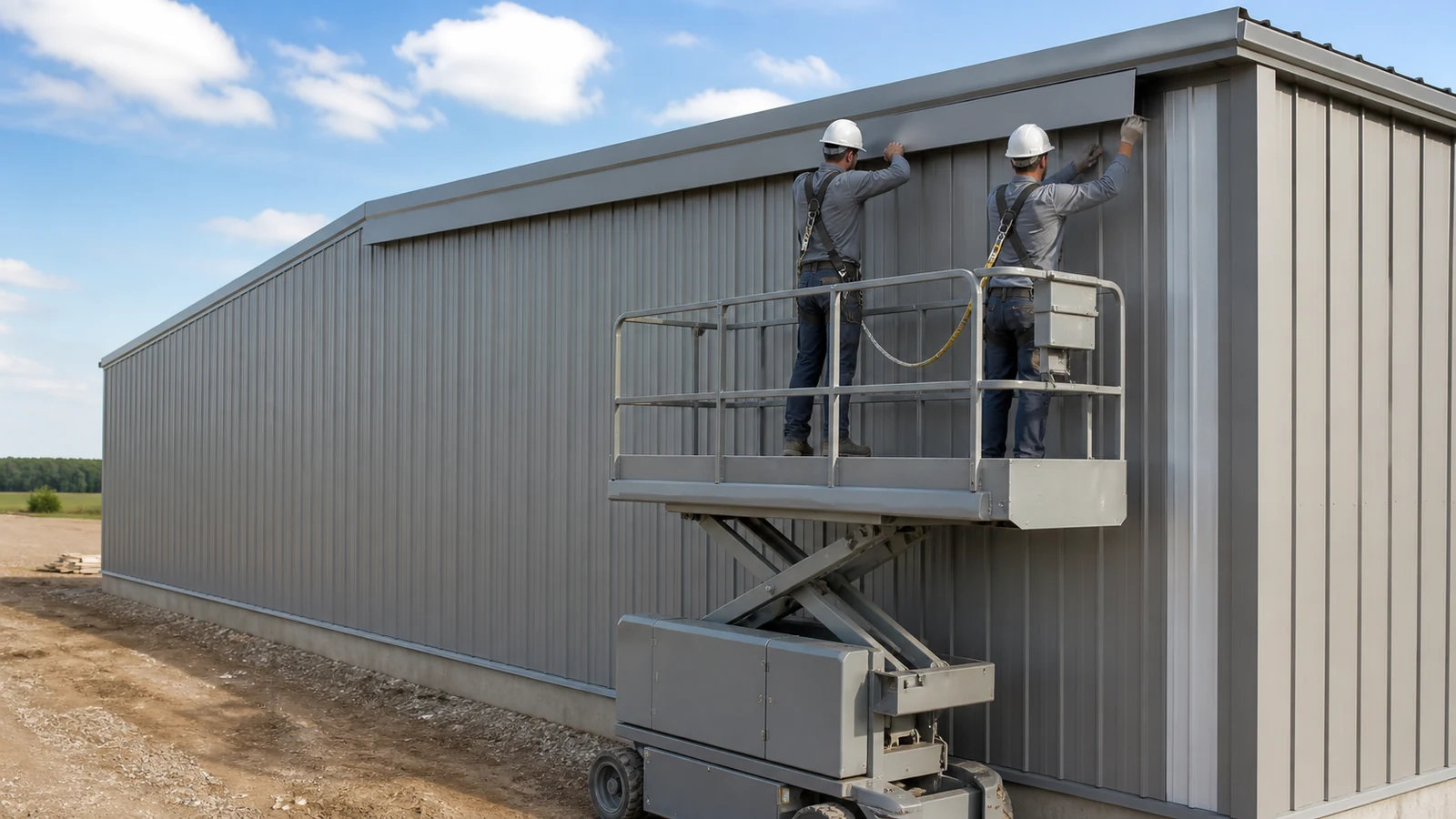 Crew safely completes wall cladding on a nearly finished steel workshop building.