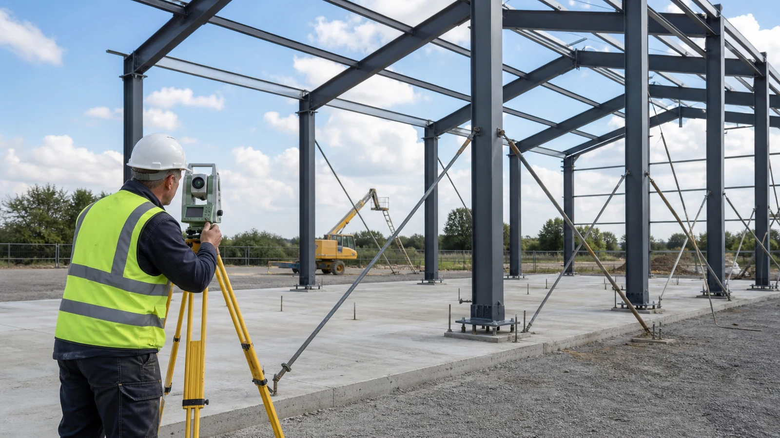Surveyor checks the plumbness of erected steel workshop columns with a total station.