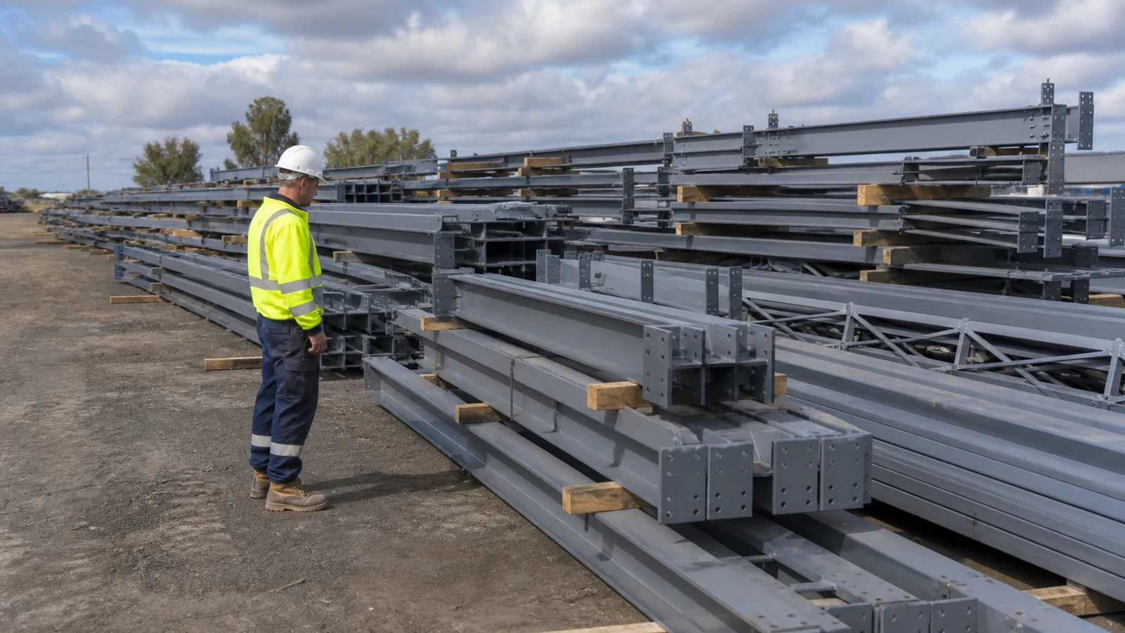 Steel workshop members rest on dunnage during a practical delivery condition inspection.